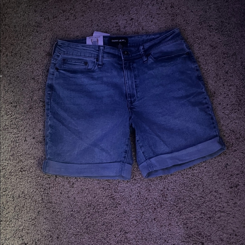 women’s blue rolled denim shorts